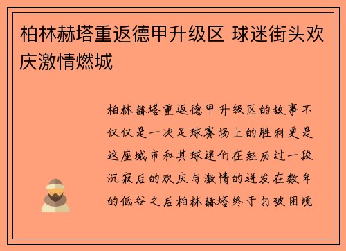 柏林赫塔重返德甲升级区 球迷街头欢庆激情燃城 柏林赫塔重返德甲升级区 球迷街头欢庆激情燃城